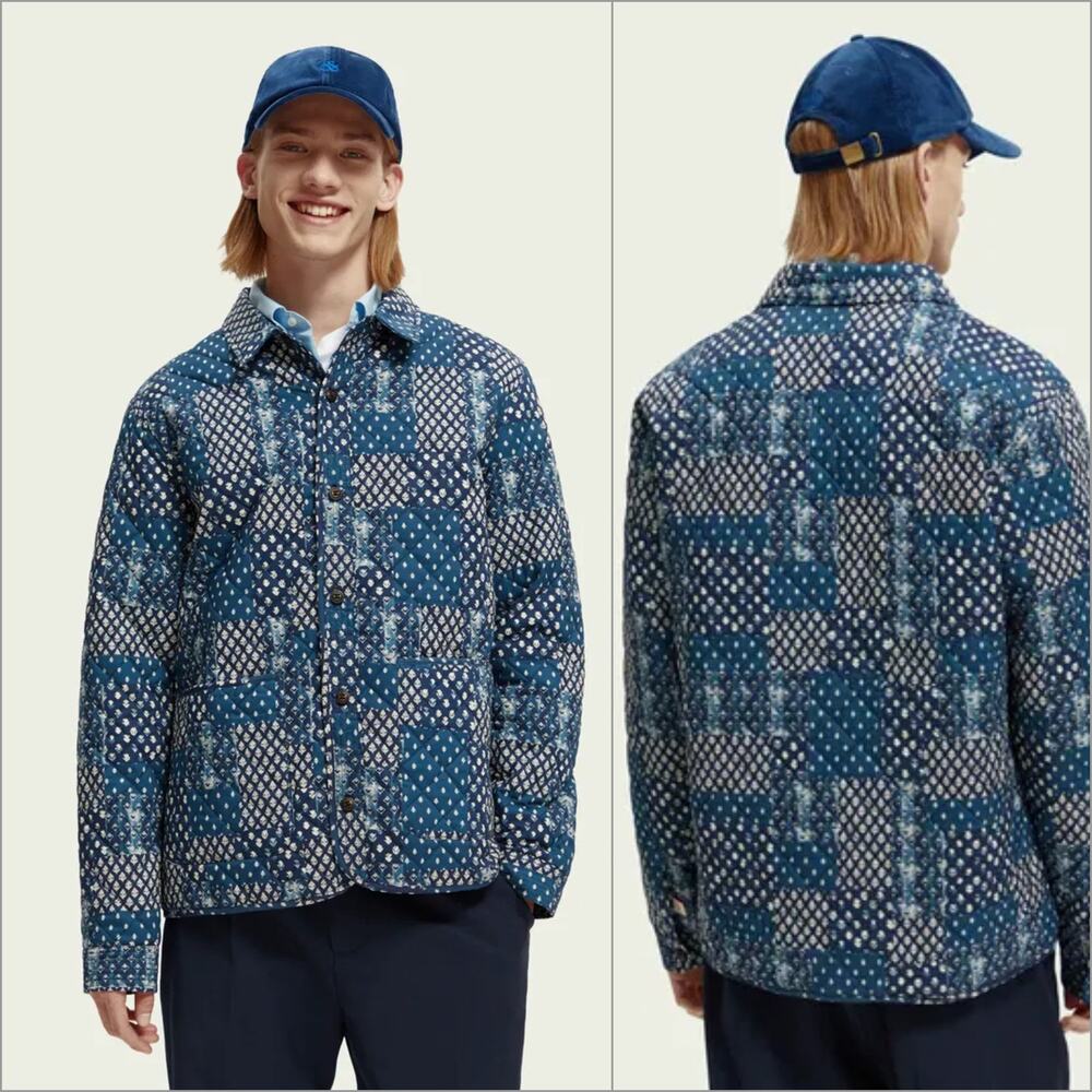 Scotch & Soda Quilted Overshirt Jacket Blue all over print size Large